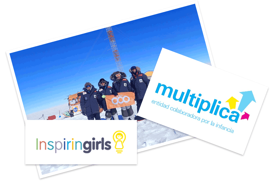 Logotipos de la iniciativa Multiplica de UNICEF, de Inspiring Girls y miembros de la expedición del Trineo del Viento posan con la bandera de OSOCO en la Antártida