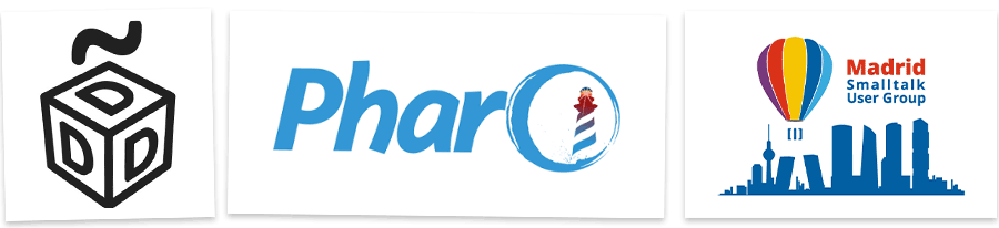 Logotipo de Pharo, logotipo del grupo Madrid Smalltalk User Group y logotipo del grupo DDD Hispano